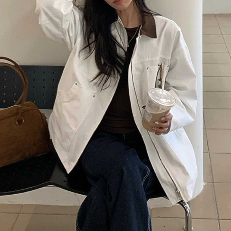 

Early Autumn Jacket Street Vintage Color-blocked Lapel Workwear Casual Jacket Top for Women