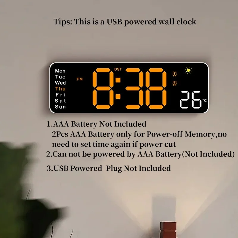 Large Digital Wall Clock Remote Control TEMP Humidity Week 2 Alarm Timing Countdown 12/24H DST Table LED Alarm Clock