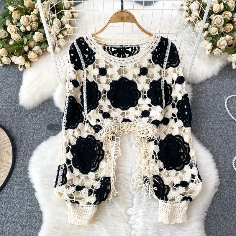 Ethnic Knitted Summer Thin Tops Women Lady Female Crochet Sweater Blouse Bohemia Boho Beach Covers Up Casual Holiday Party Shirt