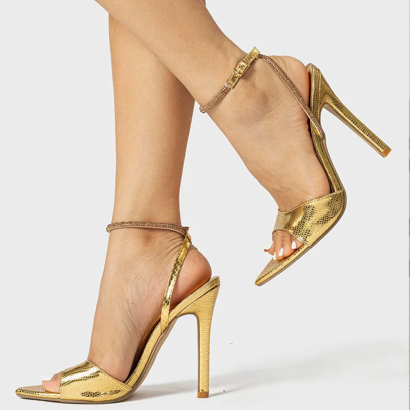 

2024 Summer New One Strap High Heeled Sandals Women's Thin Heel PVC Rhinestone Fine Heeled Heels Buckle High Heeled Shoes