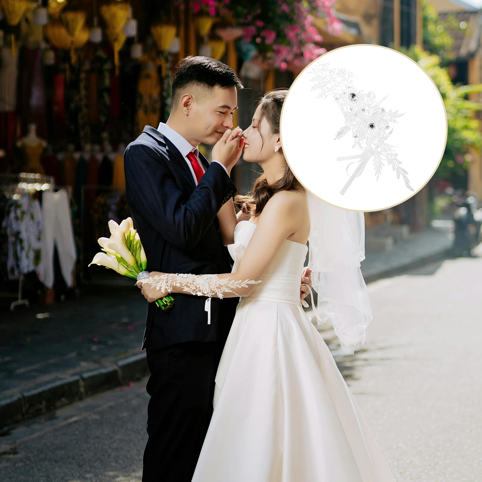 

1Pair Long Fingerless Lace Bridal Gloves with Rhinestones Wedding Gloves for Bride Women Elegant Formal Bride Glove