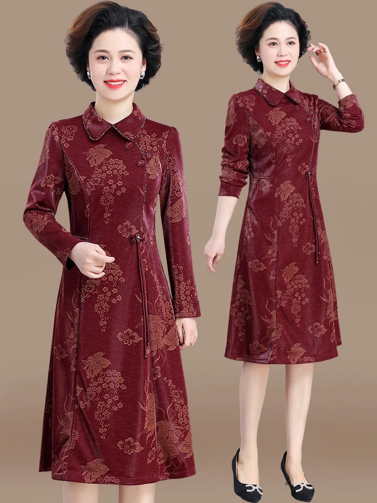 

Faionable Wedding Dr Midi Skirt for Older Women Spring Autumn Seasonal Floral Patterned Collar Loose Fit Polyester