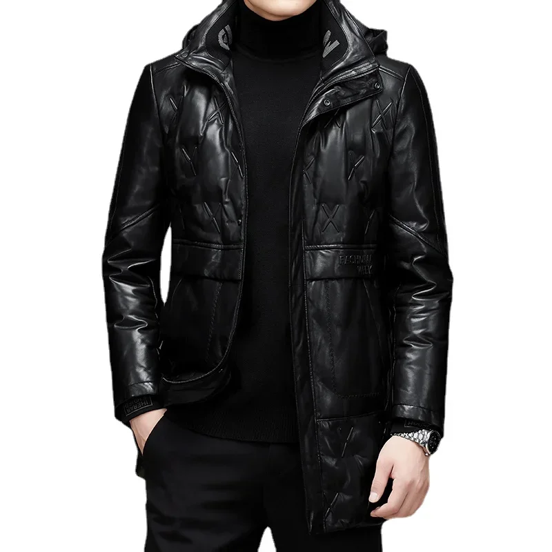 2024-New Men's Business British Style Solid Color Trend British Style Casual Fashion Hooded Sheepskin Trench Coat Leather Jacket