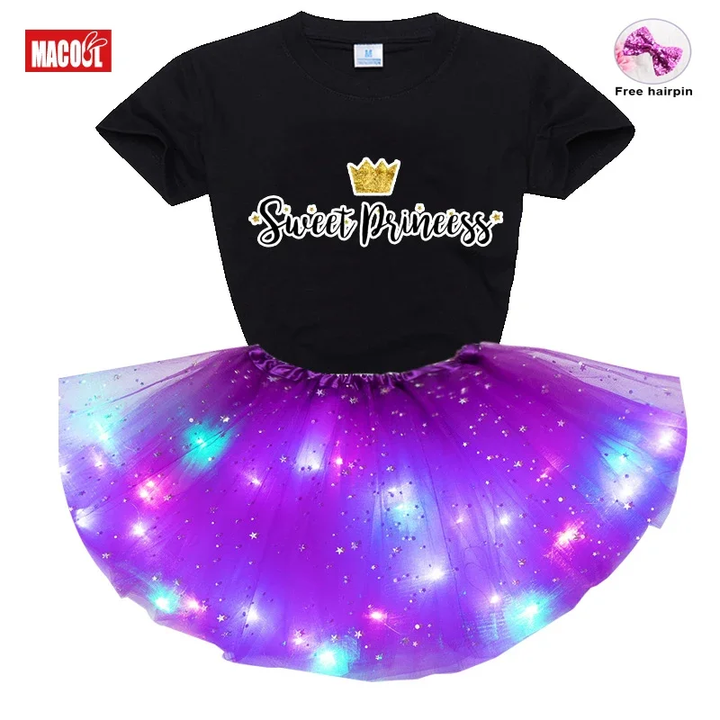 Baby Girls Clothes Sets 2025 Summer Girl LED Short Sleeve T-shirt + Dress + Hairpin 3pc Sets Children's Clothing Dress Suit