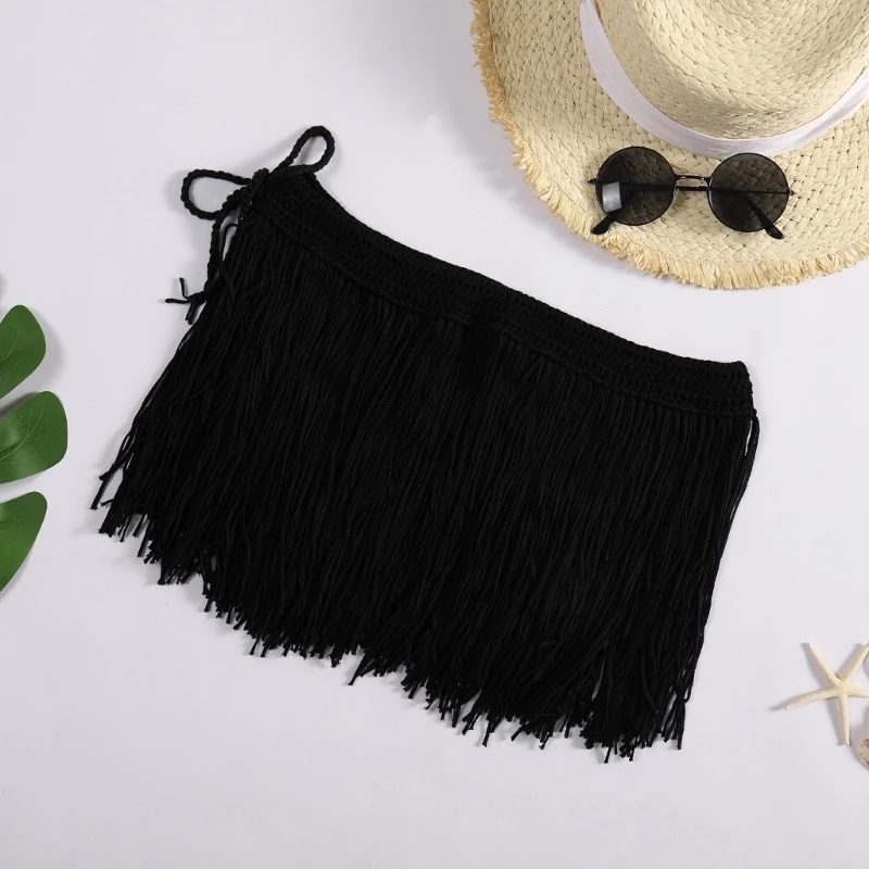 Womens Boho Beach Tassel Mini Skirt Music Festival Party Club Hip Scarf Belt Wrap Skirt Crochet-Cover Up Skirt Swimwear