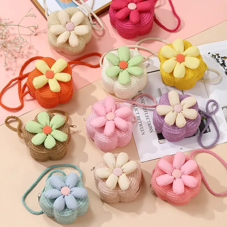 Cute Handmade Kids Straw Bag Flower Shape Woven Crossbody Bag Summer Beach Bag for Children Girls