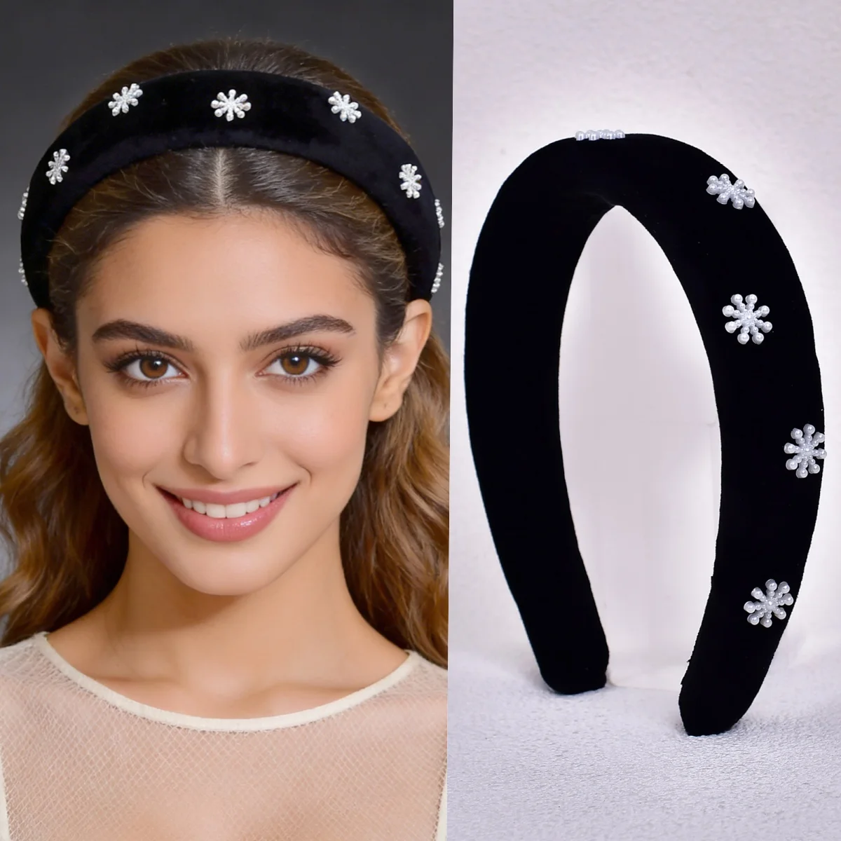 

Модная черная повязка на голову из губчатой ткани, повязка для волос с искусственным жемчугом для вечеринок и повседневной носки, женские аксессуары для волос SA49