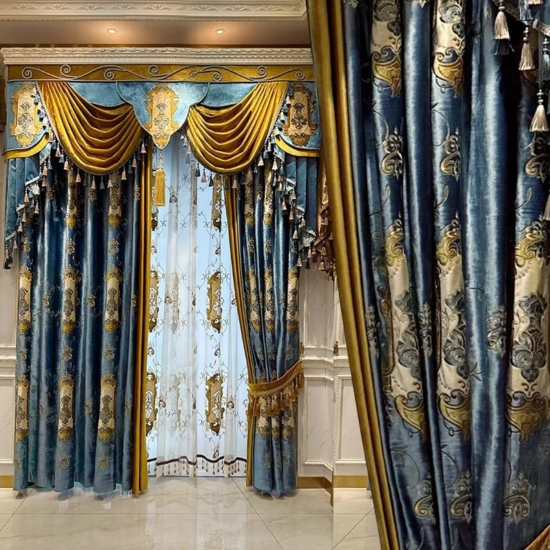 Custom shading new style bay window bedroom French European blue velvet cloth blackout curtain tulle valance drape C2147