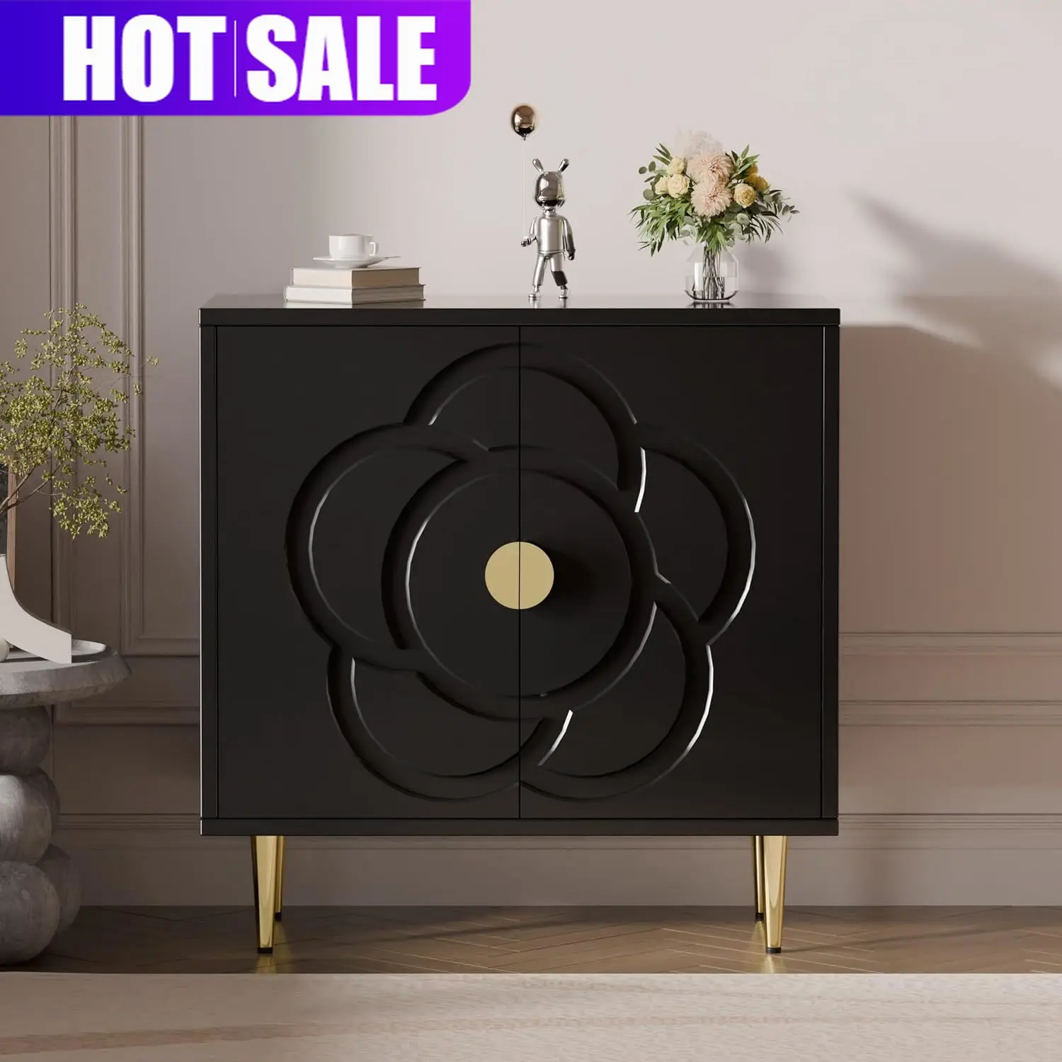 Modern Cabinet with Decorative Flower Pattern Doors - Accent Sideboard Buffet for Hallway, Living Room, Kitchen - Black