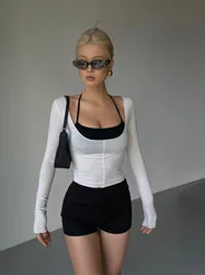 WOMENGAGA Spicy Girl Korean Style Low Neck Long Sleeve T-shirt For Women Summer New Tight Slim Contrast Halter Neck Strap WQC7