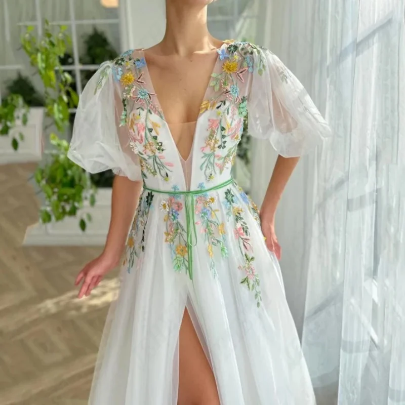 

Backless fancy floral Ball dress Floor tulle Evening dress High slit back zip up cocktail dress