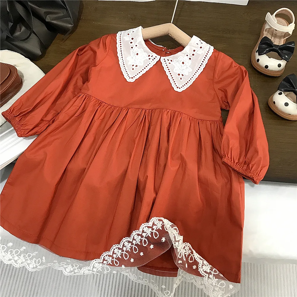 Girls Fashion Lace Collar Solid Color Dress Spring and Autumn New Baby Girls Long Sleeve Embroidered Princess Khaki Dress