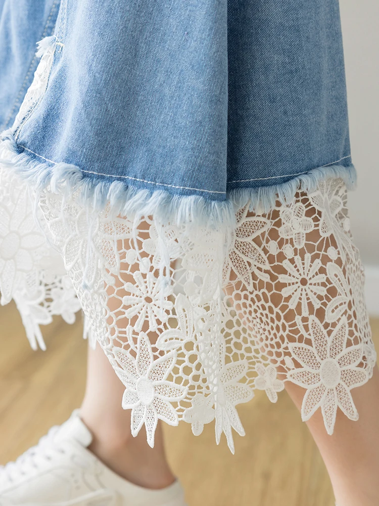 Vintage Patchwork Lace Hollow Out Jean Skirt Women Korean Fashion High Waist Midi Denim Skirt Female Zipper Casual Elegant Skirt