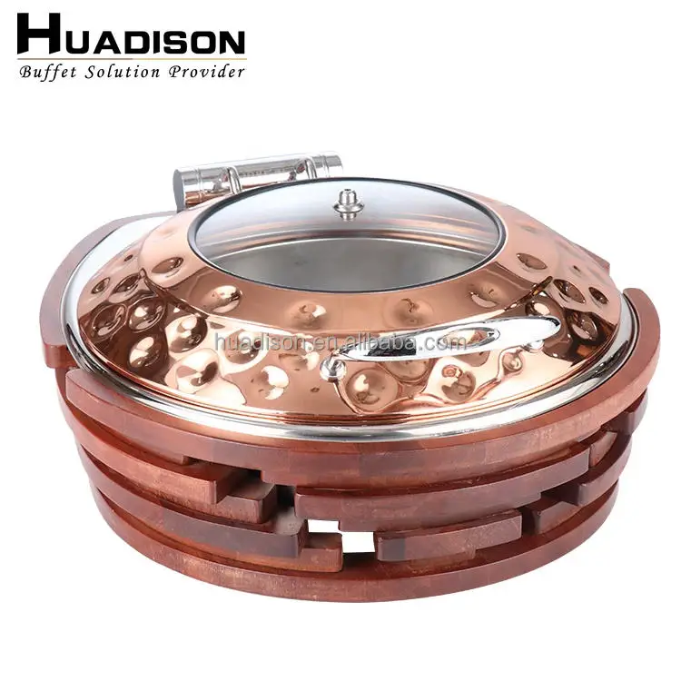 Huadison Cafeteria Catering Equipment Buffet Round Rose Gold Stainless Steel Electric Chaffing Dish With Wooden Base