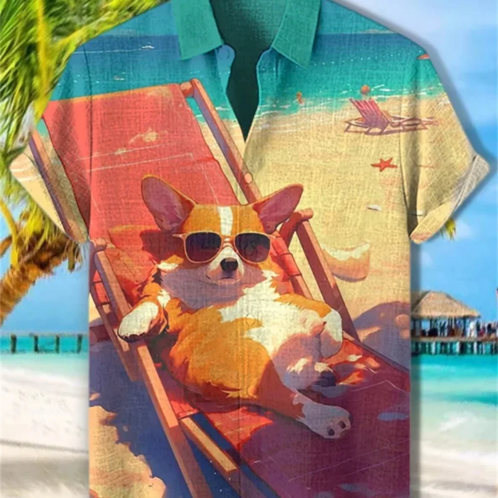 

Мужская повседневная гавайская праздничная рубашка с коротким рукавом и принтом корги на пуговицах с лацканами, дышащая льняная модная социальная уличная одежда