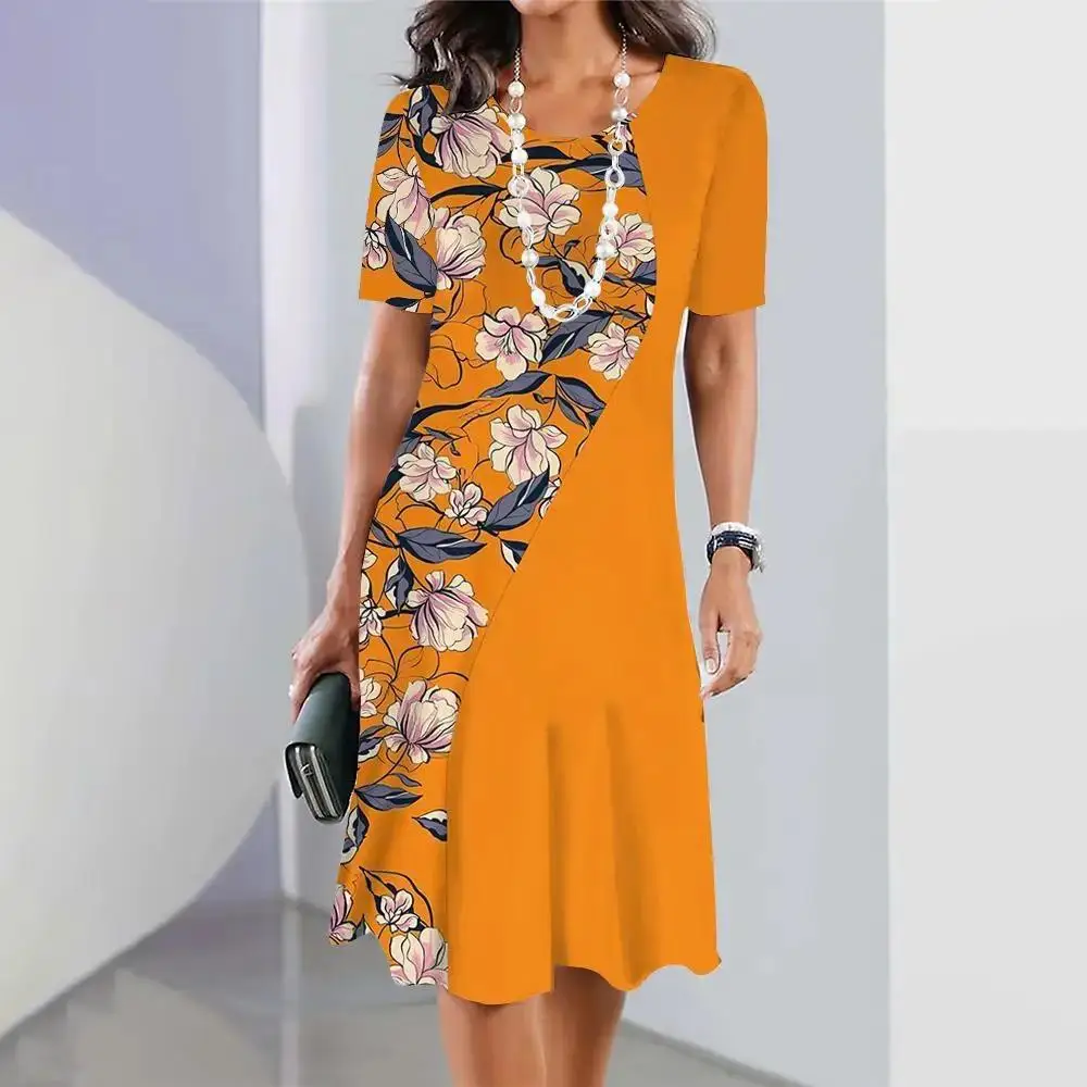 Camiseta Or Sve para mujer Dr Casual cintura media falda acampanada tela de poliéster redonda Ne Basic Sle temporada de primavera