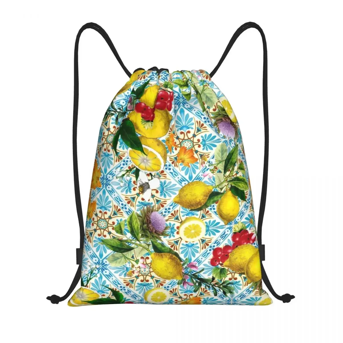 Sicilian Lemons And Romantic Tiles Drawstring Bags for Shopping Yoga Backpacks Women Citrus Fruit Painting Sports Gym Sackpack