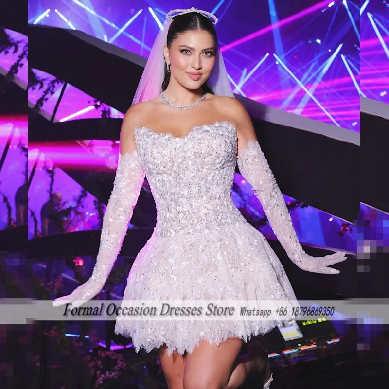 

Elegant Short Wedding Dresses With Gloves Strapless A Line Bridal Gowns Beading Sequin Corset Vestido Novia Customized