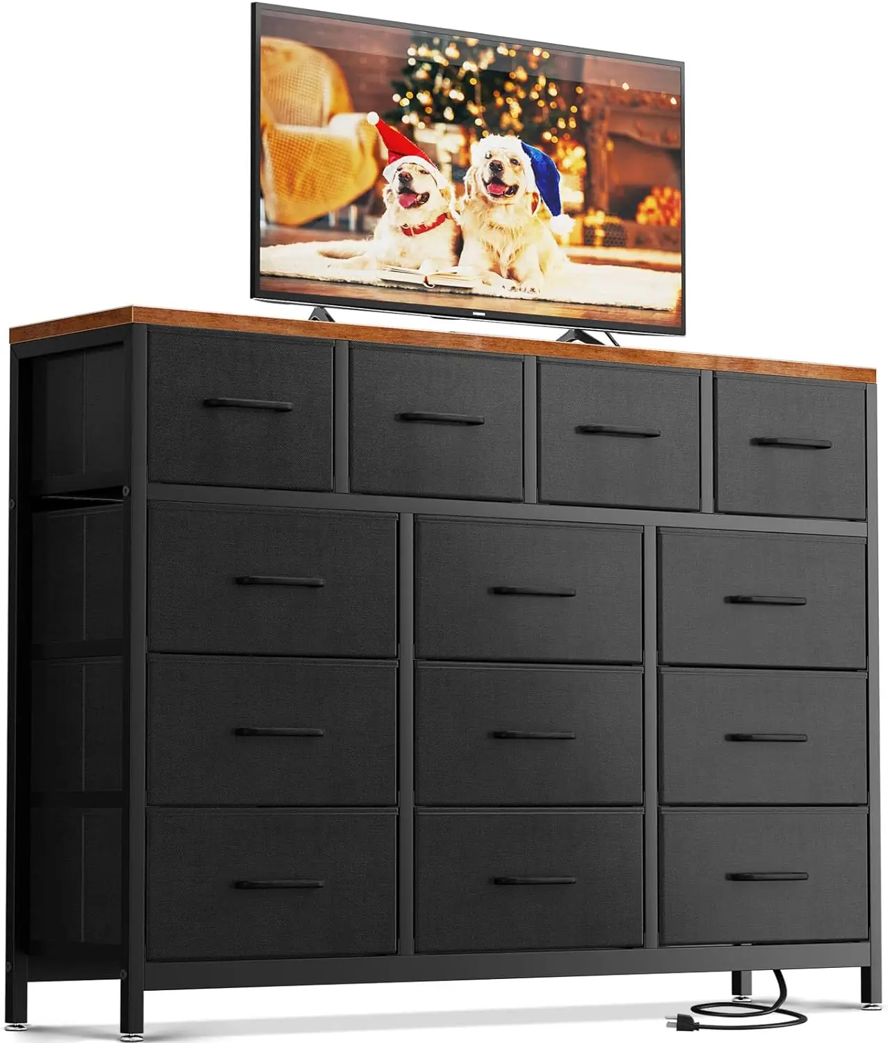 ODK cômoda com estação de carregamento, Long TV Stand para quarto, cômoda grande com 13 gavetas de armazenamento, 57"