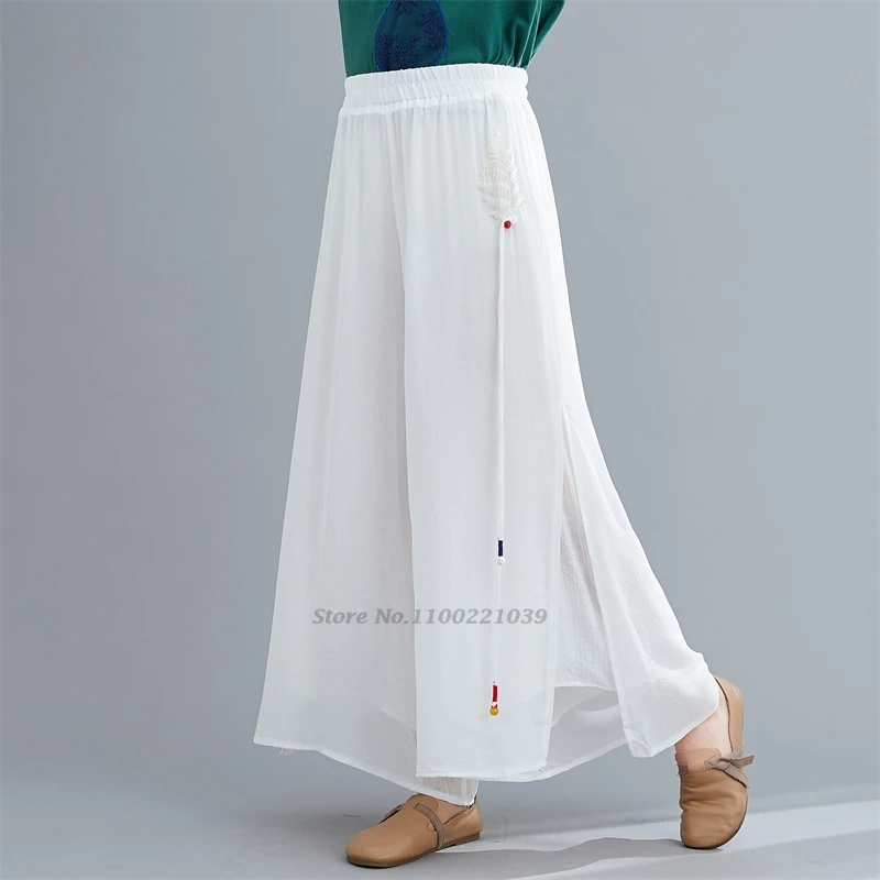 2024 chinese vintage folk pants double layers trousers national flower embroidery ethnic pants elastic waist wide leg trousers