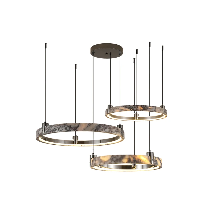Natural Marble Ring Black Chrome Gold 2026 Chandelier Lighting Para Sala Estar Alabaster Pendant
