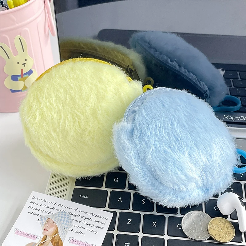 Cute Solid Color Plush Coin Purse Mini Wallet Portable Coin Bag Keychain Pendant Earphone Organizer Data Cable Lipstick Storage