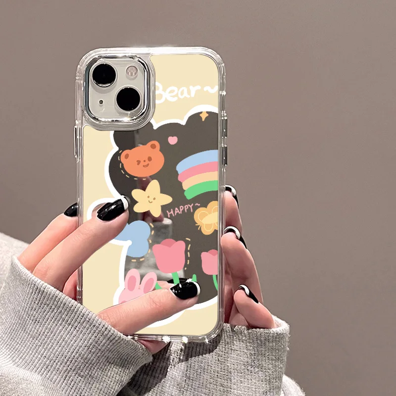 Cute Bear Makeup Mirror Phone Case For iPhone 11 Case iPhone 15 16 Pro 13 12 14 Pro Max XS Max Luxury Shockproof Cartoon Cover