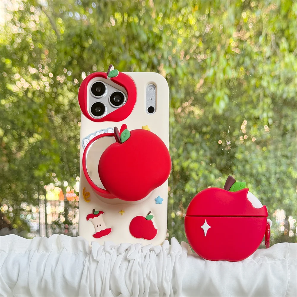 

Cute Apple With Stand Mirror Silicone Phone case for iPhone 13 14 15 plus 16E 17E 17 Pro Max 16 Pro Cover Soft Shockproof Case