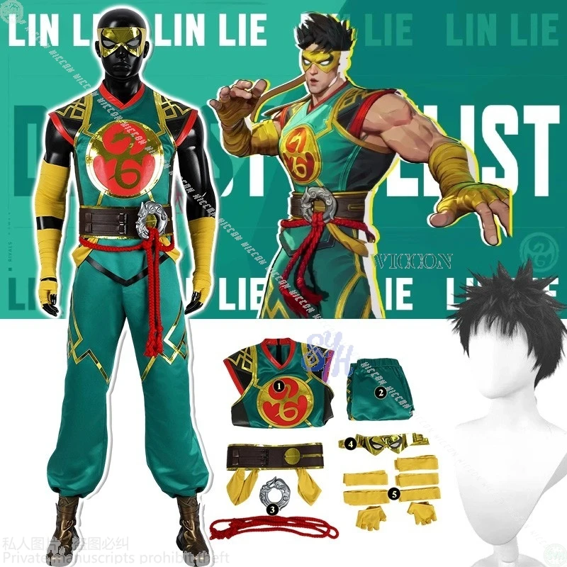 

Anime Game Rivals Lin Cos Lie Chinese Kung Fu Cosplay Costume Green Golden Dragon Battle Suit Pants Mask Halloween Party