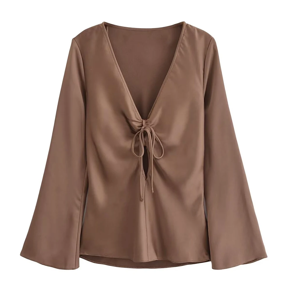 INS Fashion Brown V Neck Elegant Bow Lace Up Design Satin Texture Long Flared Sleeves Women Appear Slim Shirt ZATAF 2024 New