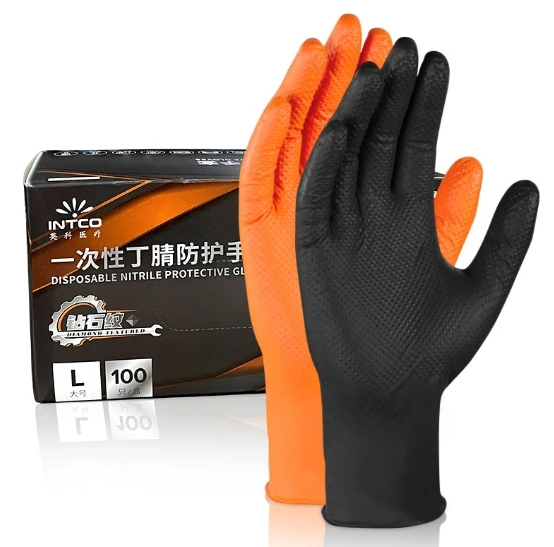 100pcsGants jetables, Gants nitrile extra forts 2x plus épais noir avec structure diamant Gants mecanicien extra-résistants