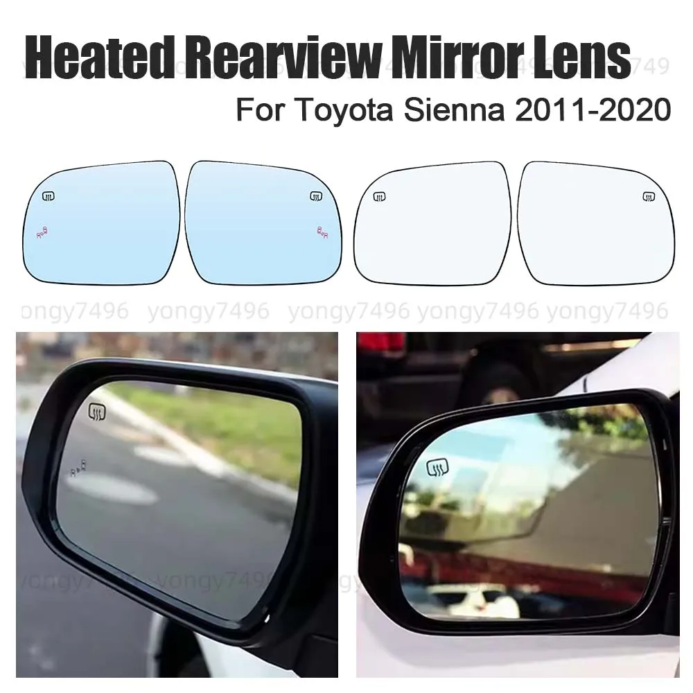Car Wide Angle Heated Rearview Mirror Lens For Toyota Sienna 2011-2020 Mirrored Glass White Blue With Blind Spot Assist Replace