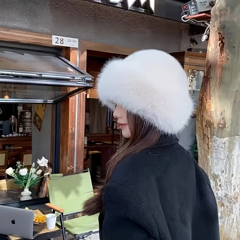 Women's Plush Imitation Fur Winter Hat - Windproof, Cold proof, Breathable Fisherman's Bucket Hat, Elastic Fit, Autumn/Winter