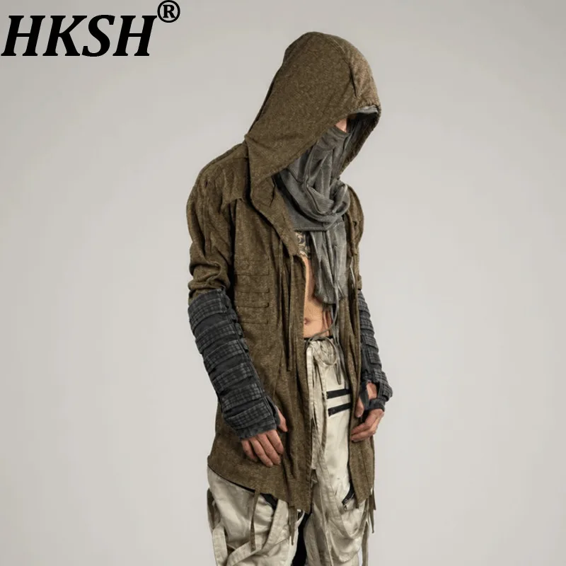 HKSH Spring Autumn New Men Tide Chic Dark Punk Vintage Waste Land Desert Hooded Knitted T-shirts Windbreaker Y2K Fashion HK28475