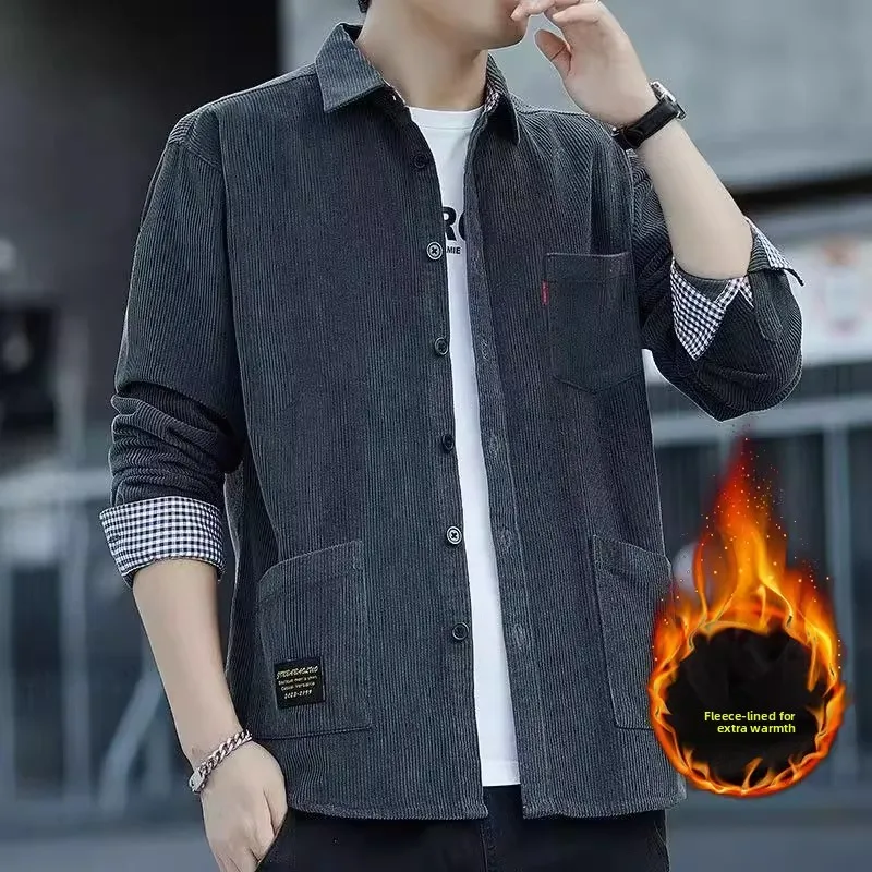 

Men's Thickened Fleece Lined Corduroy Long Sleeve Shirt Autumn Winter Warm Casual Wear for Outdoor And Daily Use Breathable