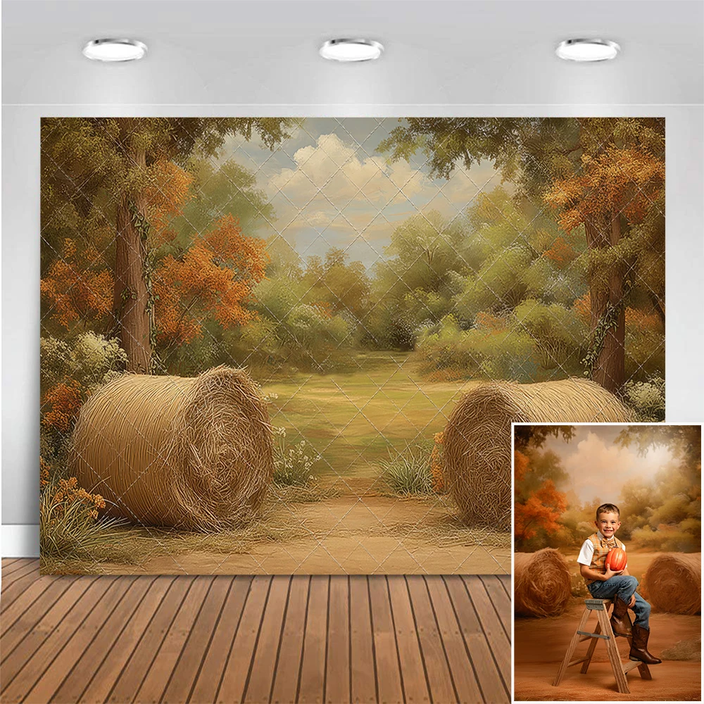 Autumn Farm Haystack Trail Photography Backdrop Kids Cake Smash Birthday Backgrounds Fall Harvest Photo Banner Studio Props