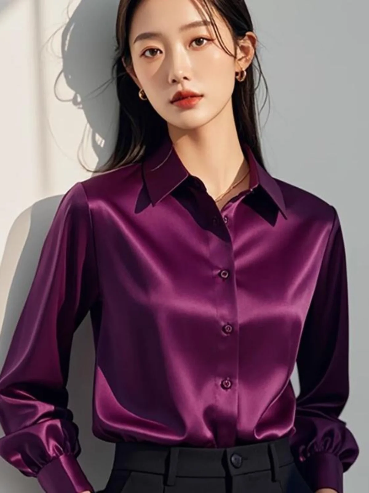 

Женская модная рубашка из фиолетового шелкового атласа с длинным рукавом, свободного кроя, из полиэстера, повседневная, весна-осень 2025