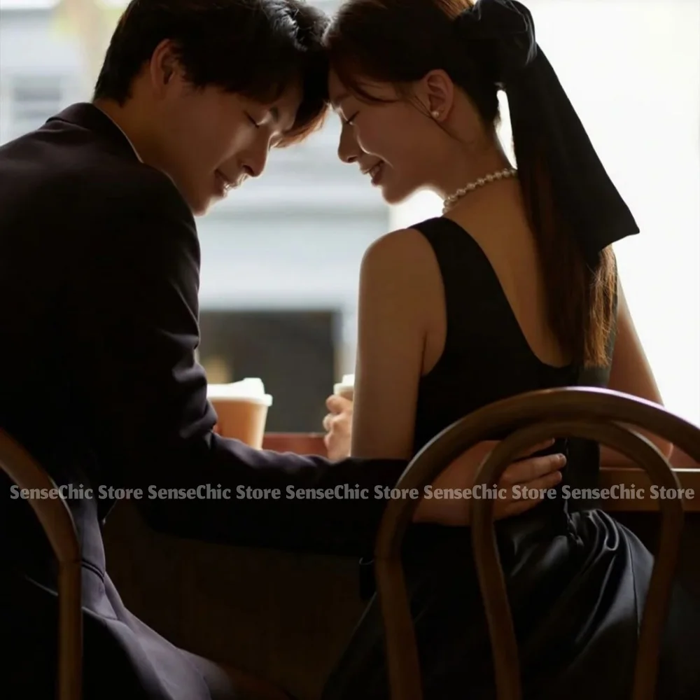 Vestidos de novia con lazo negro, satén, cuello redondo, corte en A, Corea ..........., largo, sin tirantes, sencillo, elegante, para fiesta, personalizado