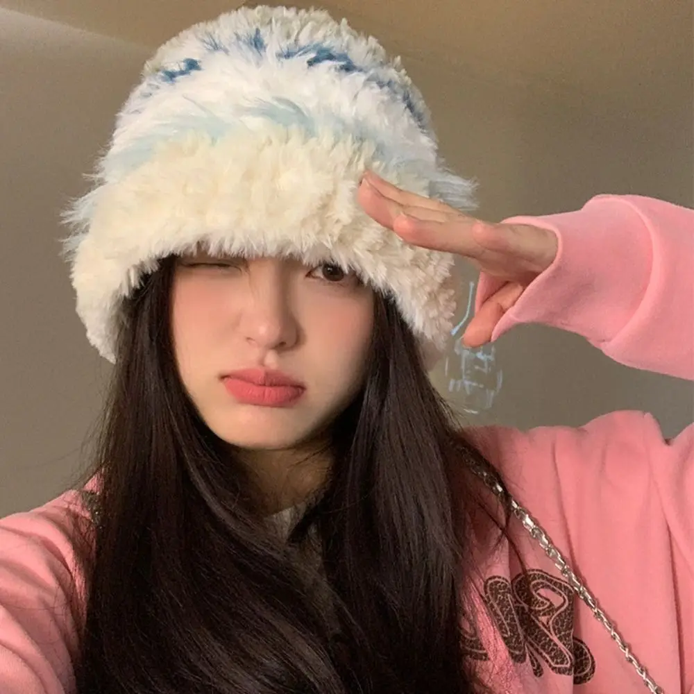 Faux Fur Bucket Hat Cold Protection Ear Protection Women Knitted Beanie Thick Korean Style Warm Pull On Cap Street Matching
