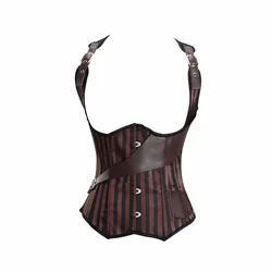 Caudatus Brown Leather Underbust Corset Spiral Steel Boned Steampunk Corset Pirate with Bustier Punk Halloween Costume Plus Size