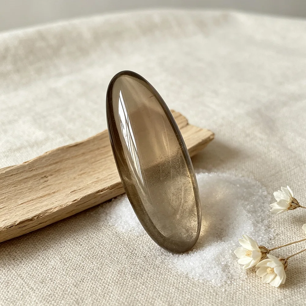 Polished Oval Smoky Quartz Worry Stone, Natural Palm Crystal for Meditation Chakra Balancing, Pocket Crystal for Stress Relief