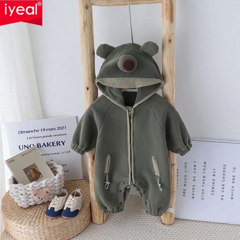 IYEAL New born Bebe Clothing Fleece Hooded Toddler Baby Clothes Cute Cartoon Overalls Infant Romper Baby Boys Girls Jumpsuit