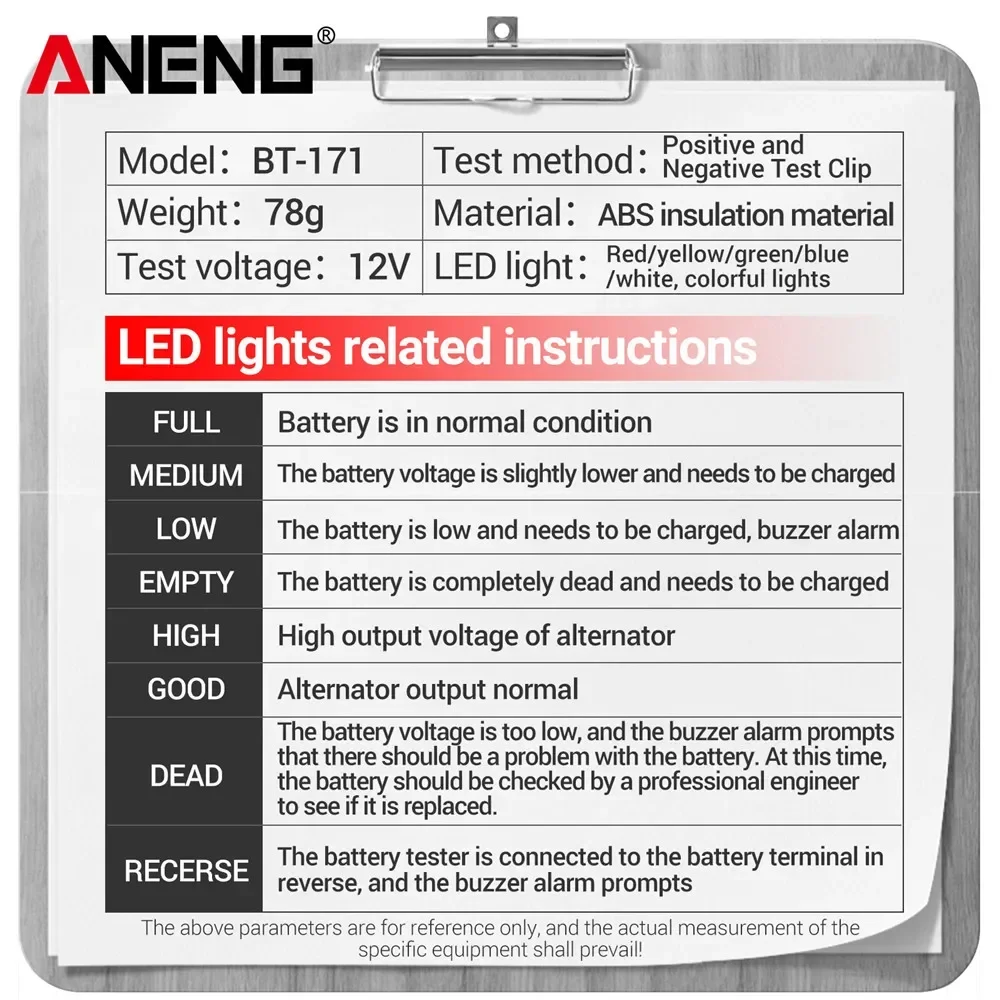 ANENG BT-171 probador de batería Digital de 12V indicador de batería de coche con pinzas de cocodrilo indicador de estado de batería LED herramienta de electricista