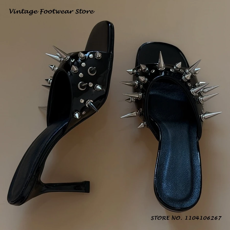 Studded and Rivet Glossy Slippers Punk Style Square Open Toe Thin Heels Party Shoes Women's Fashion Street Style Pull On Mules