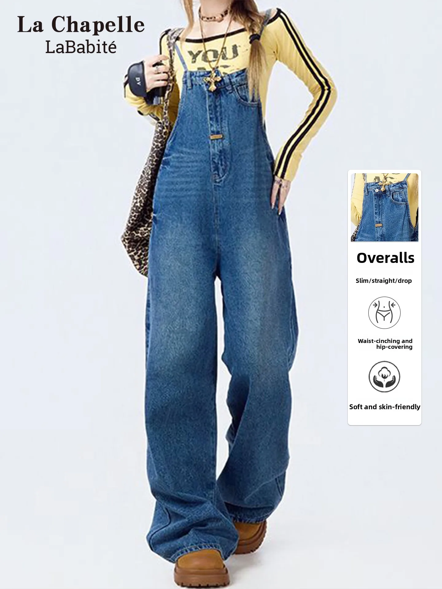 

Lababite American Sle Wide Leg Denim Overalls Women Loose Floor-Length Pants High Waist Zipper Closure Cotton Blend