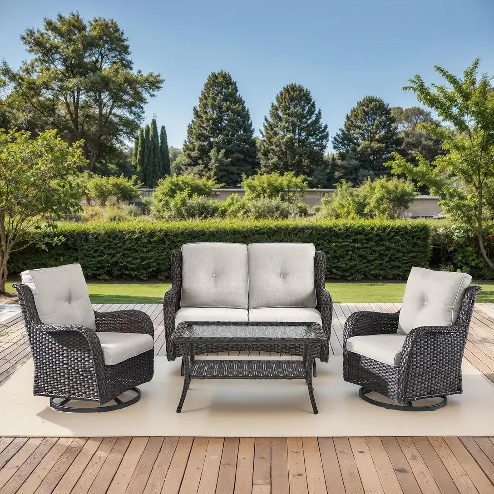 

4-Piece Resin Wicker Patio Set: Loveseat Glider, 2 Swivel Chairs, Coffee Table with Brown & Beige Cushions