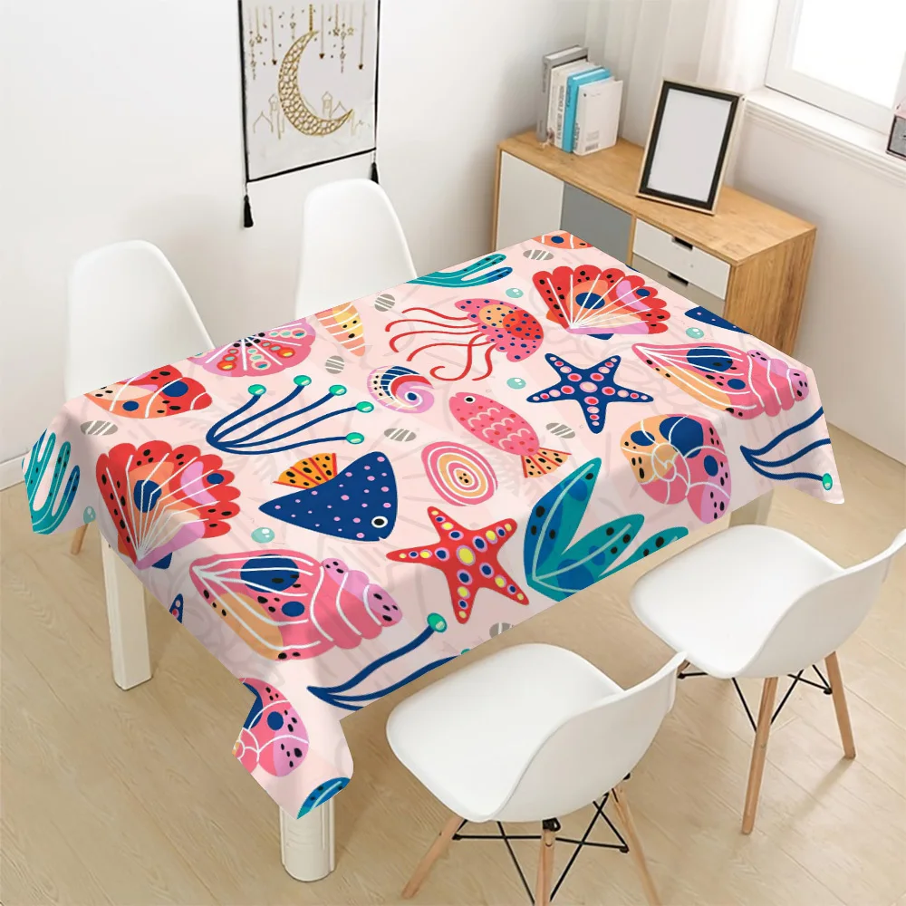 Vibrant Watercolor Ocean Life Tablecloth for Dining Room Beach Party Decor Waterproof Spill Proof Table Cover