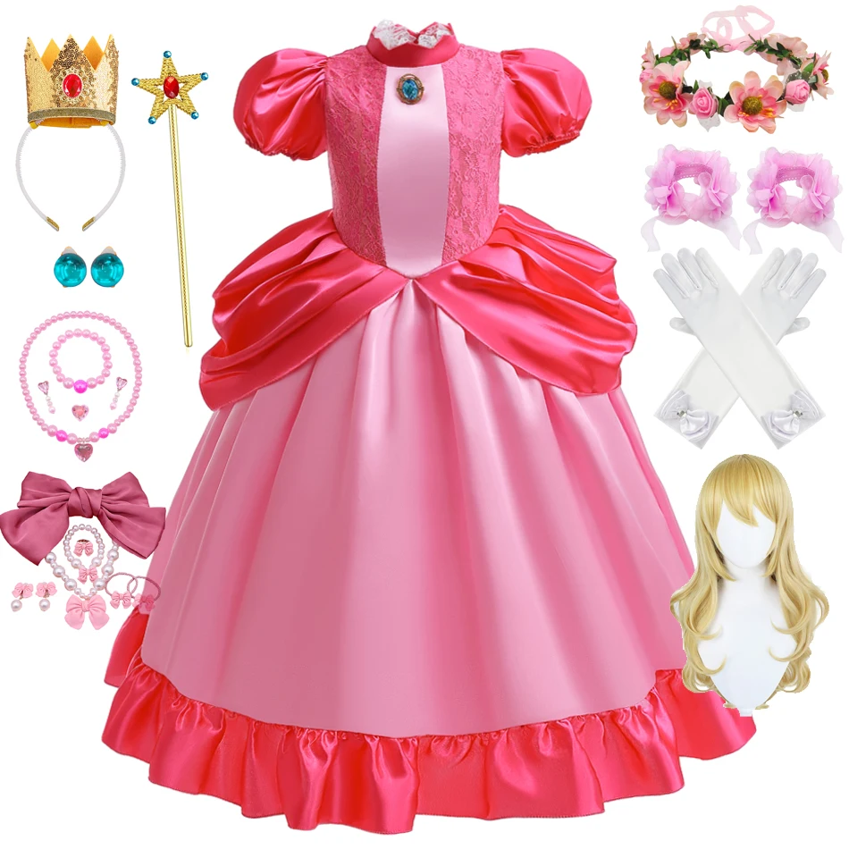 

Girls Peach Princess Cosplay Costume Children Halloween Disguise Clothes Birthday Vestidos Carnival Party Carnival Outfit