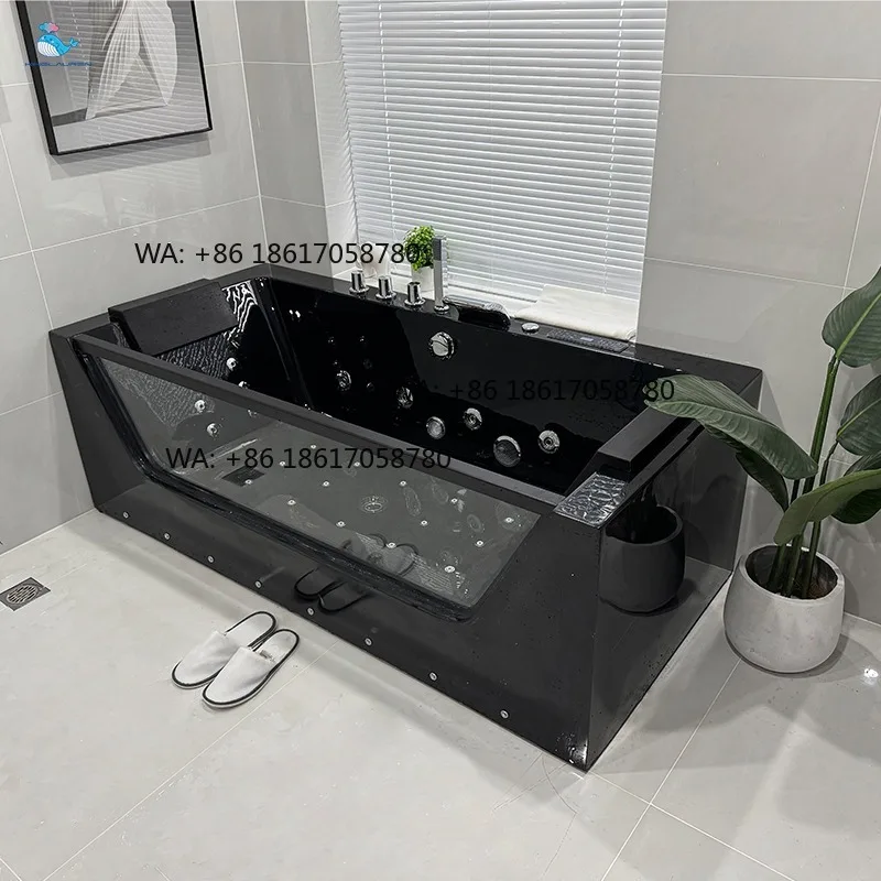 Kinglauren Modern Rectangular Acrylic Massage Bathtub Black Whirlpool Spa Bathtubs with Drainer & Faucet