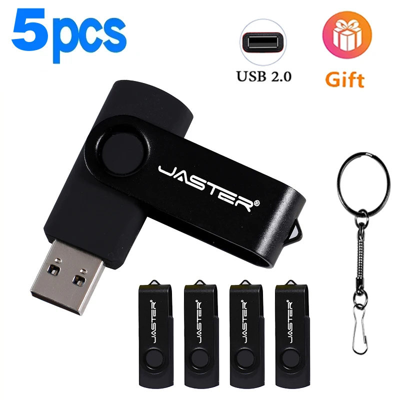 

JASTER LOT5PCS Rotatable 360° 2.0 Pendrive 4GB USB Flash Drive 32GB Black Pen Drives 64GB U Disk 16GB Free LOGO Gifts Key Chain